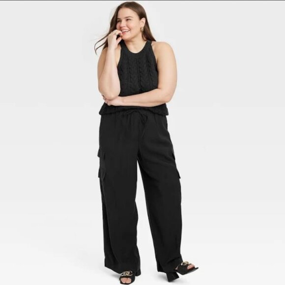 Women's High-Rise Wide Leg Cargo Pants - A New Day Black XXL - Picture 4 of 5